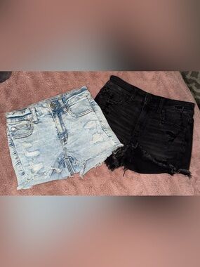 American Eagle Outfitters Distressed Denim Shorts - Light Blue & Black